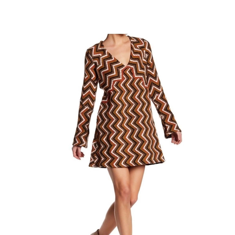 Free People Retro Dress Women XS Brown Chevron Bell Sleeve Boho 70s Knit Sheer
